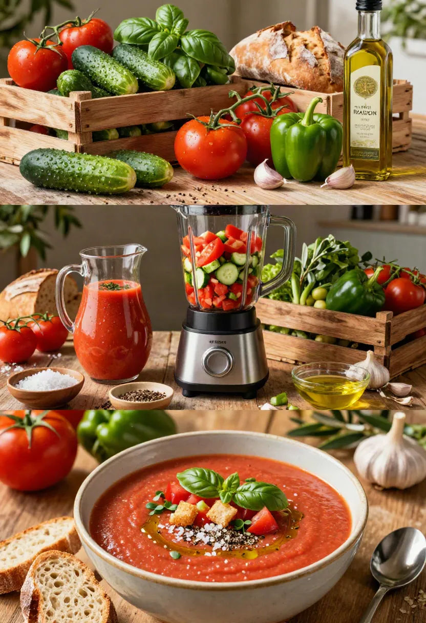 A three-frame collage showing fresh gazpacho ingredients, the blending process, and a beautifully garnished bowl of authentic Spanish gazpacho.