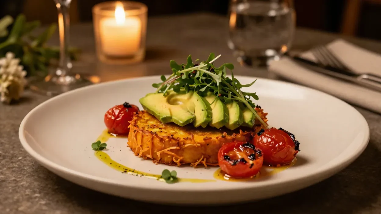 Golden sweet potato rosti topped with roasted cherry tomatoes, creamy avocado, and fresh baby rocket.
