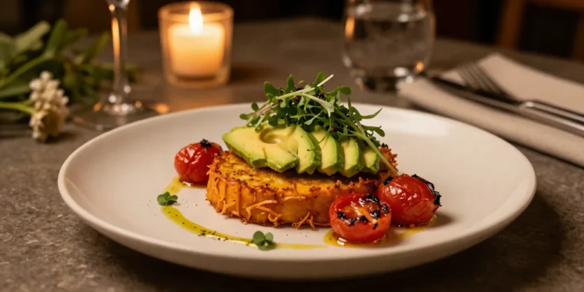 Golden sweet potato rosti topped with roasted cherry tomatoes, creamy avocado, and fresh baby rocket.