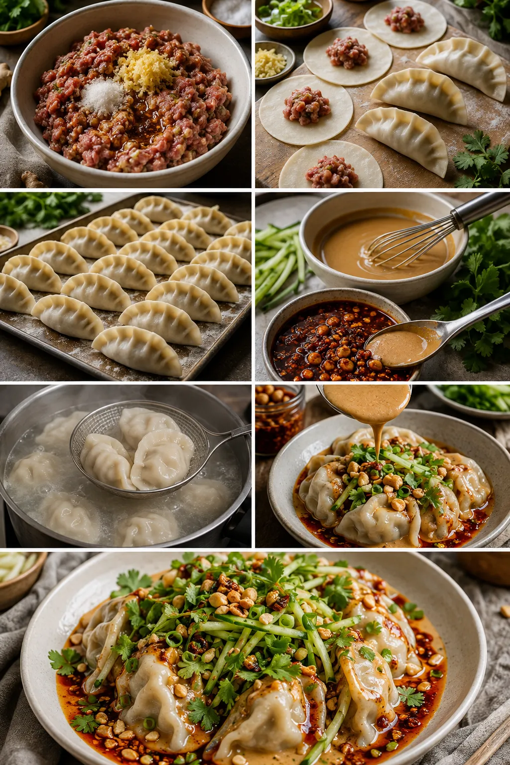 Lamb dumplings served with creamy sesame dressing, spicy chilli oil, cucumber, green shallots, coriander, and crispy peanuts.