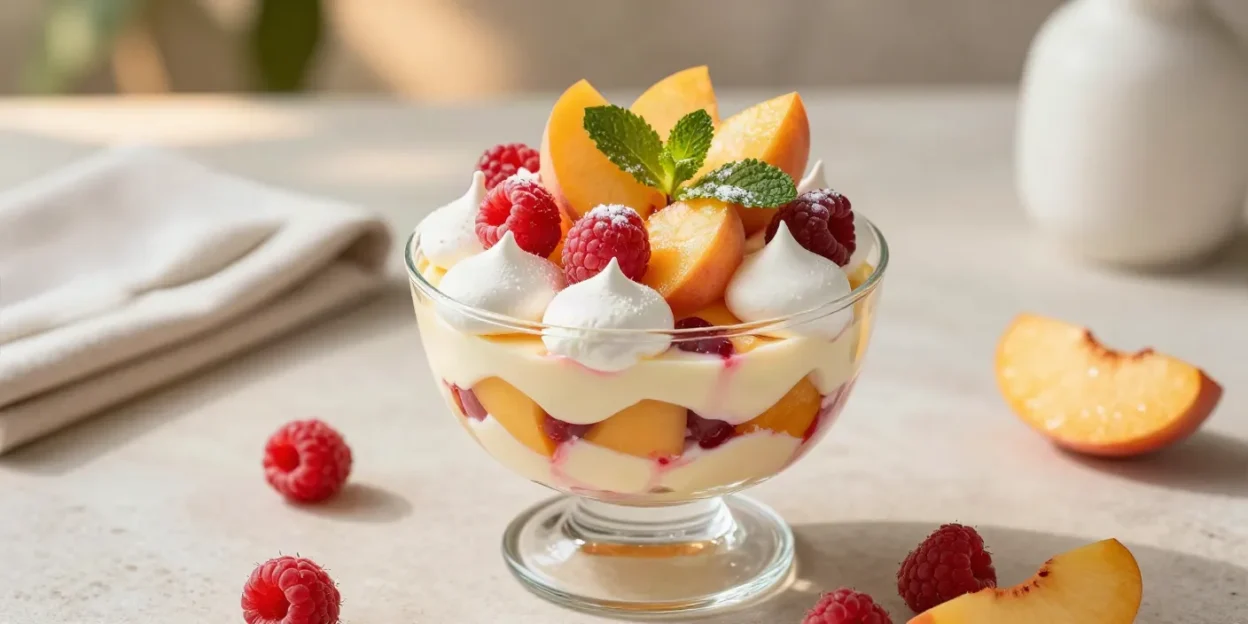 Beautiful peach and raspberry Eton Mess with vanilla custard, crisp meringue, fresh fruit, and mint.