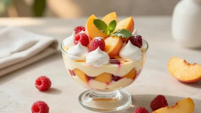 Beautiful peach and raspberry Eton Mess with vanilla custard, crisp meringue, fresh fruit, and mint.