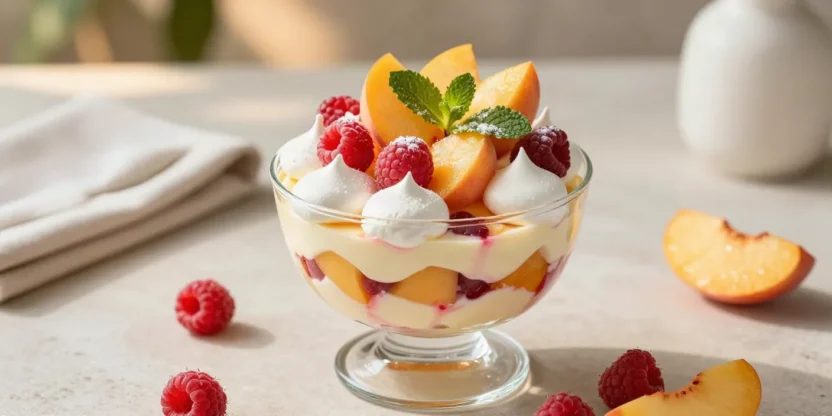 Beautiful peach and raspberry Eton Mess with vanilla custard, crisp meringue, fresh fruit, and mint.