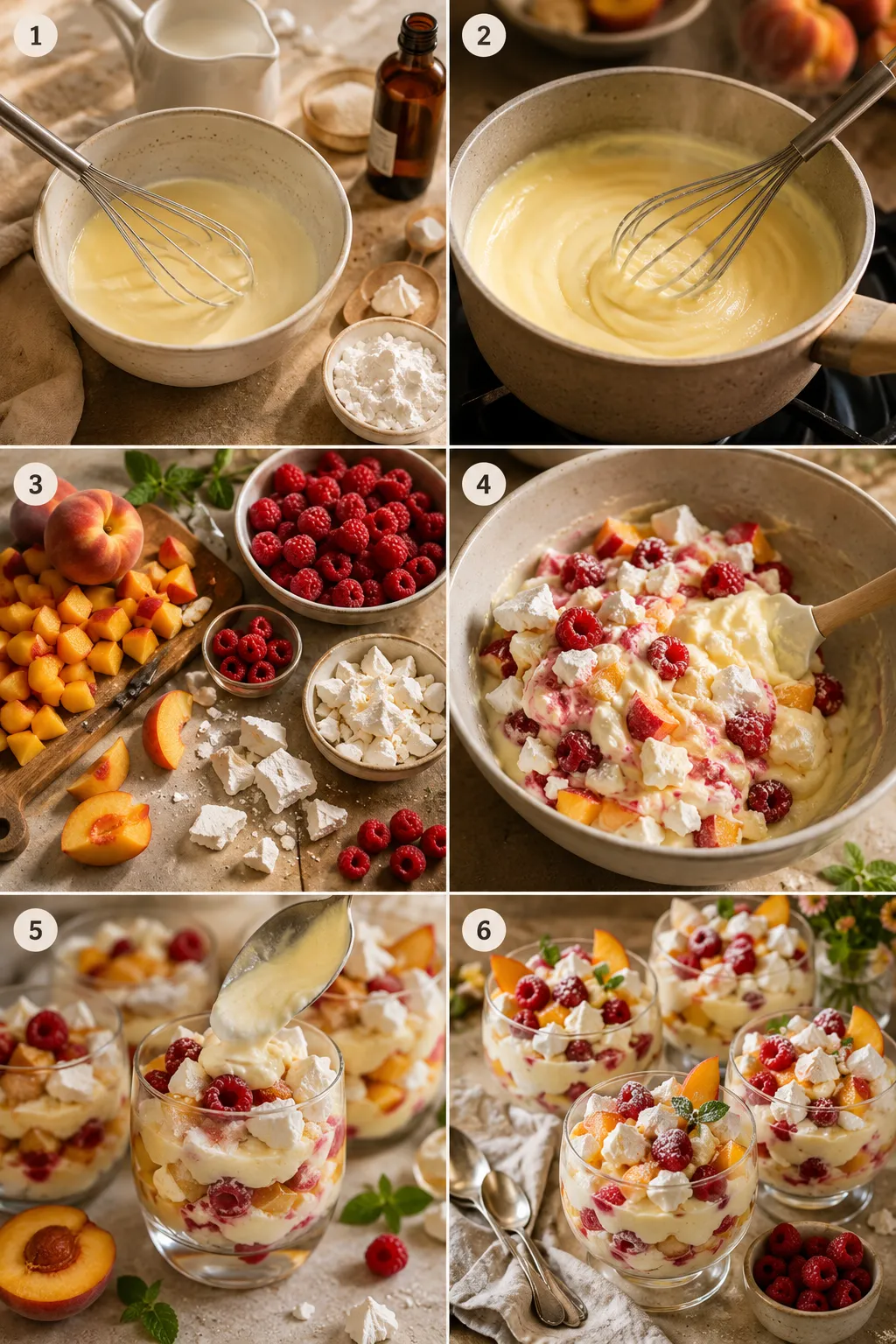Vanilla custard being prepared for peach and raspberry Eton Mess with soy milk, vanilla, and sugar.