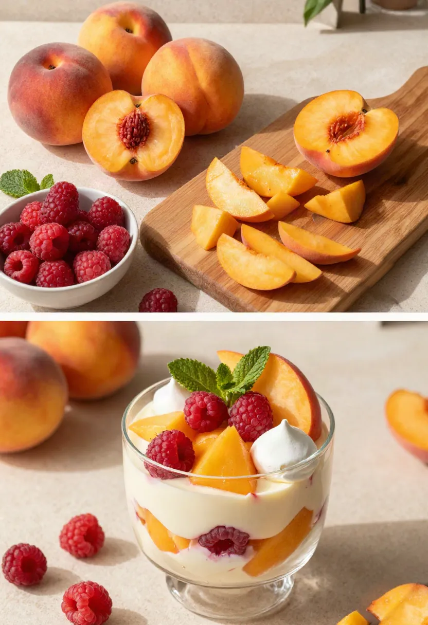 Ripe golden peaches and fresh raspberries prepared for a peach and raspberry Eton Mess dessert.