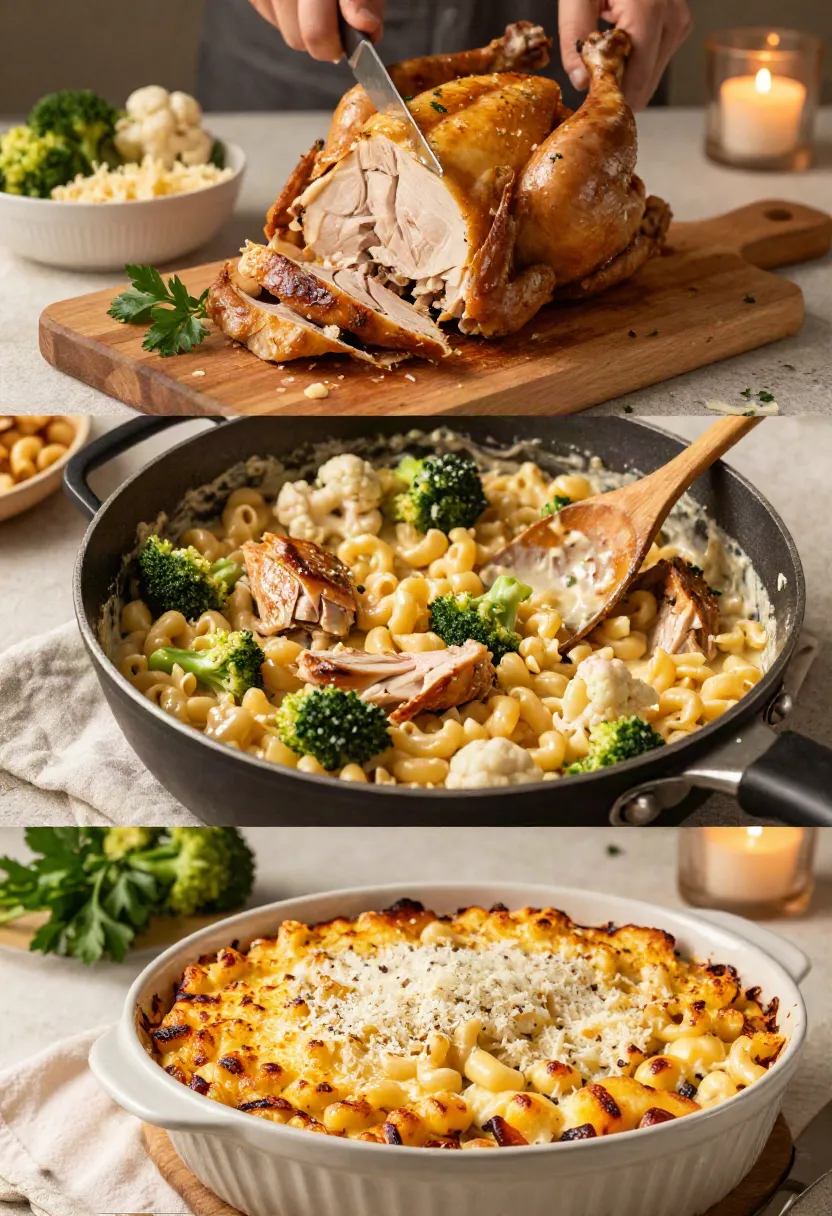 Creamy macaroni combined with tender roast chicken, broccoli, cauliflower, and melted cheese in a baking dish.