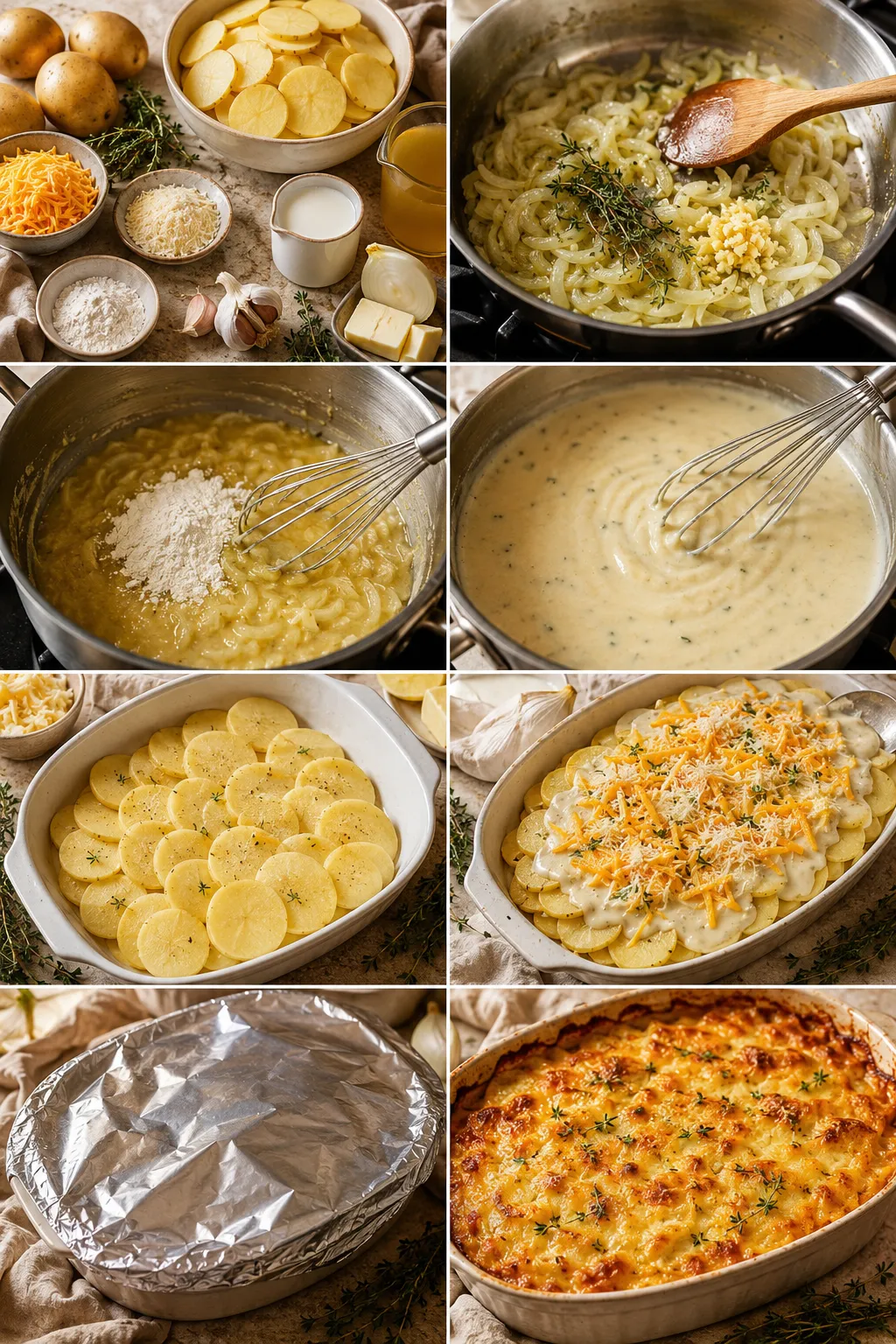 Baking process: Scalloped potatoes covered and baking in a creamy garlic sauce before browning.