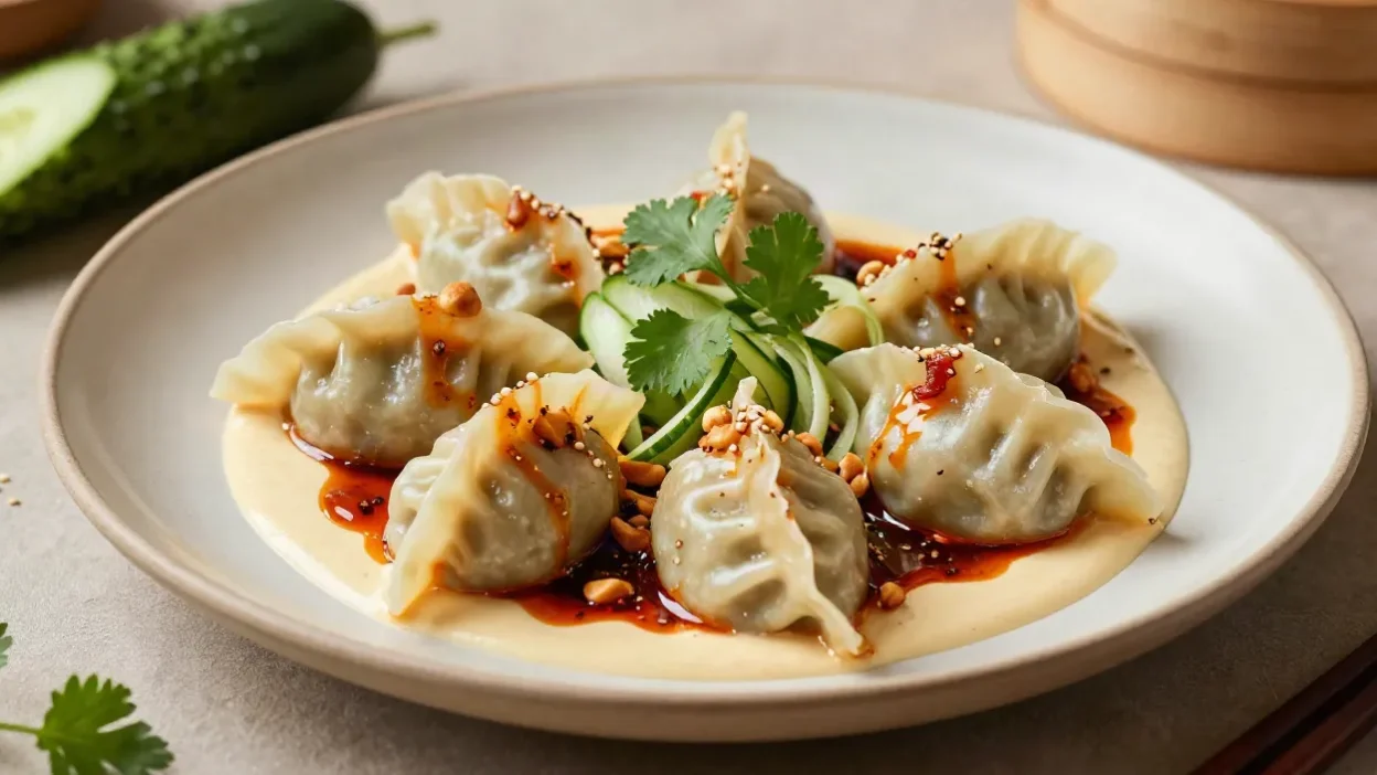 Restaurant-style lamb dumplings with sesame sauce, chilli oil, cucumber, herbs, and crispy peanuts.