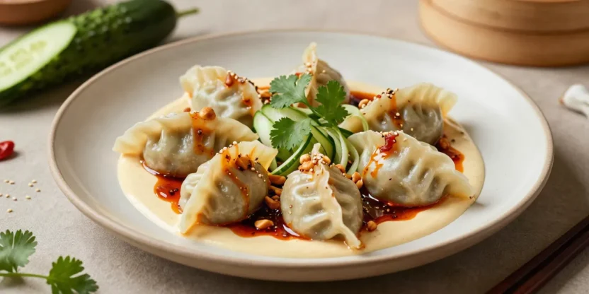 Restaurant-style lamb dumplings with sesame sauce, chilli oil, cucumber, herbs, and crispy peanuts.
