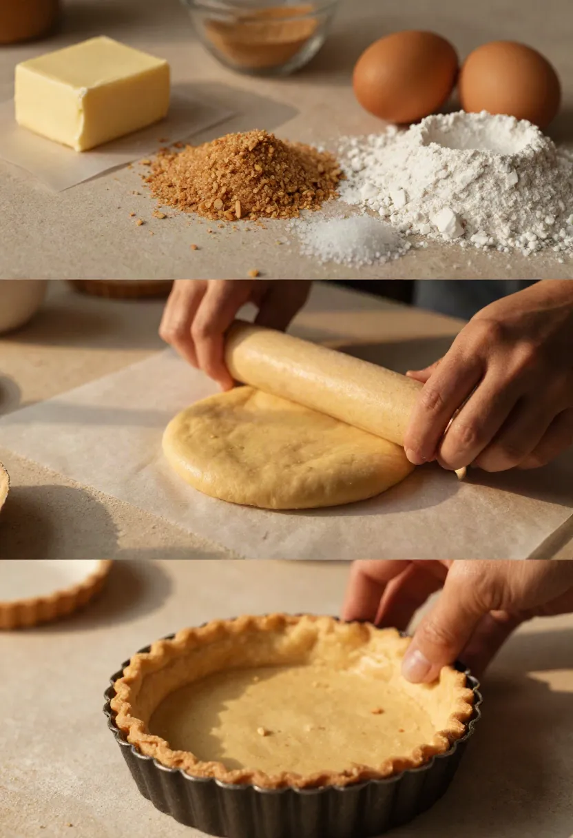 Almond tart pastry being prepared with almond meal, flour, butter, and whole almonds on a warm baking surface.