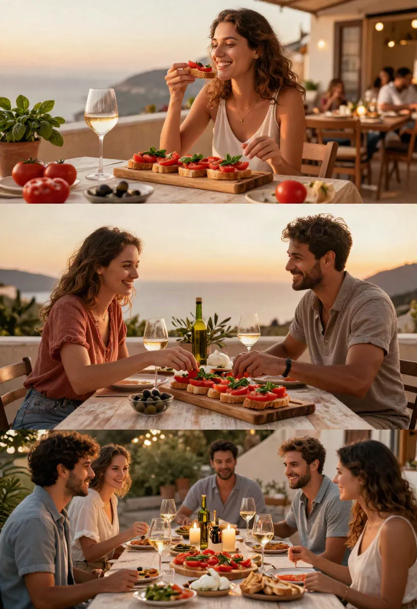 Woman at a seaside restaurant enjoying bruschetta with a glass of white wine at sunset on a terrace.
