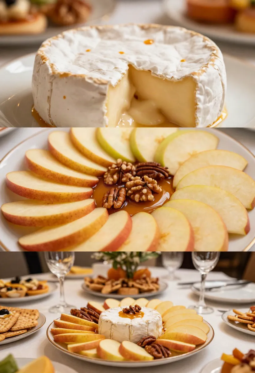 Whole Brie wheel topped with chopped walnuts and pecans, ready to be baked with caramel apple toppings.