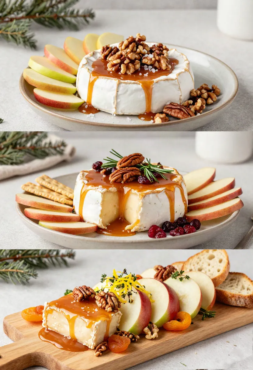 Baked Brie topped with caramel, toasted nuts, and cinnamon, surrounded by apples, cranberries, and fresh rosemary.