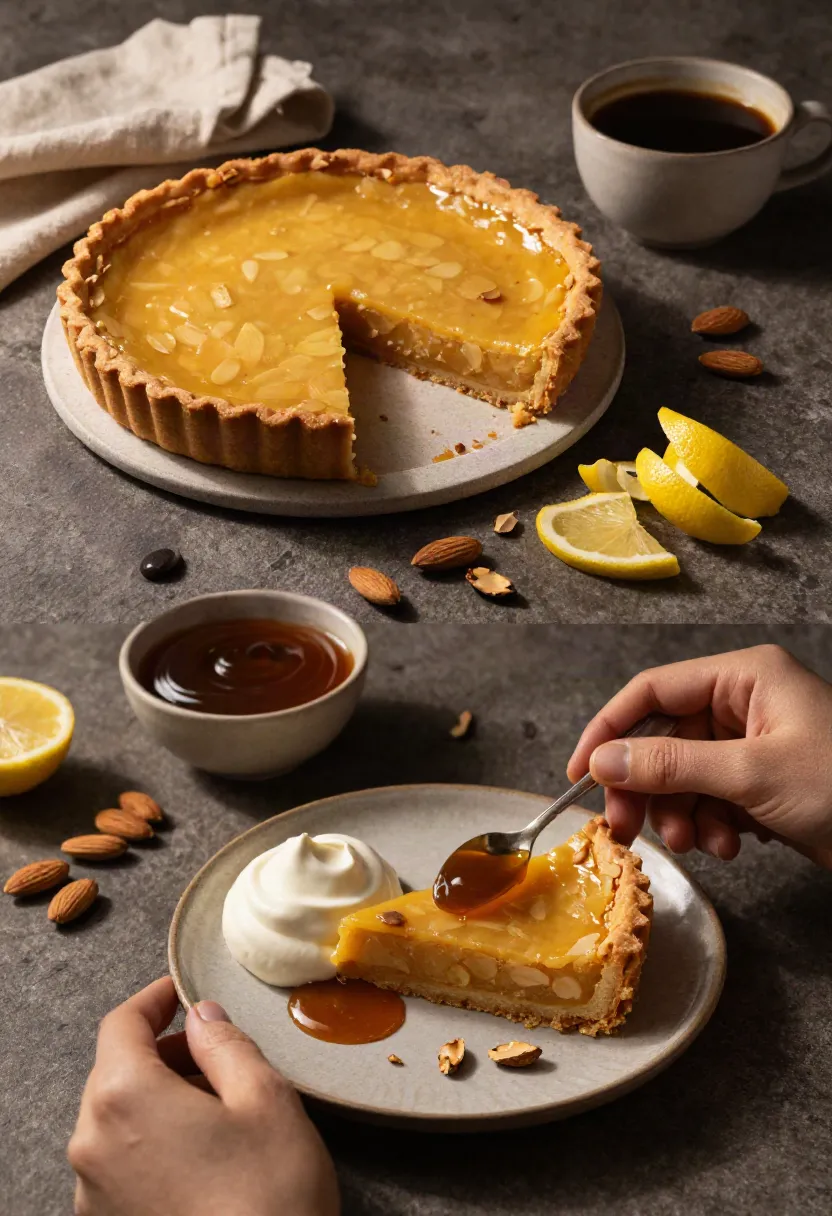 Golden almond tart with dark lemon caramel and whipped sour cream highlighting the contrast of rich, citrusy flavors.