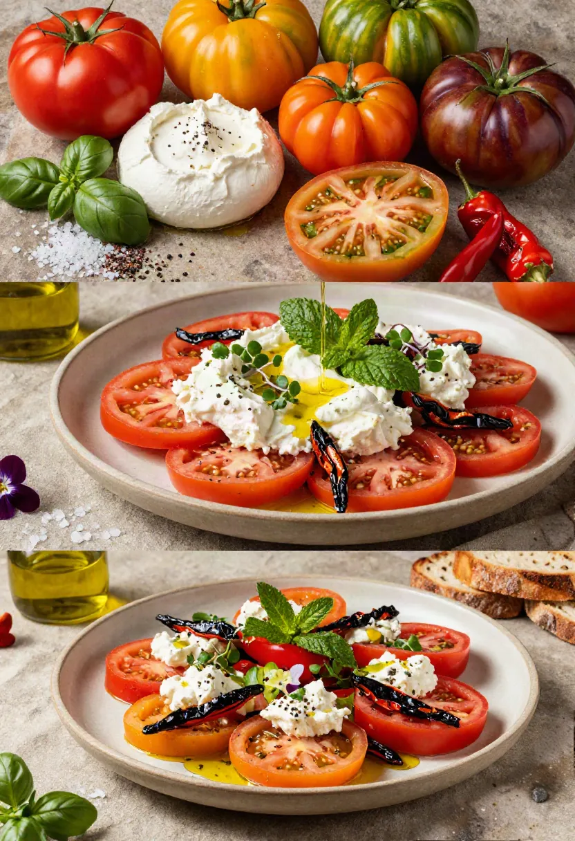 Three-frame collage showing fresh seasonal ingredients, the elegant assembly of heirloom tomato salad, and a beautifully plated restaurant-style summer salad with goat's curd and Padrón peppers.