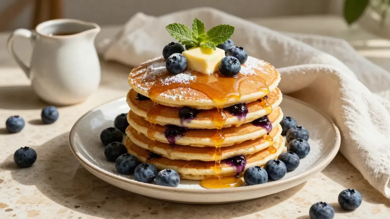 Fluffy homemade blueberry pancakes topped with fresh blueberries, melting butter, and maple syrup in warm morning light.