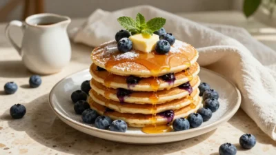 Fluffy homemade blueberry pancakes topped with fresh blueberries, melting butter, and maple syrup in warm morning light.