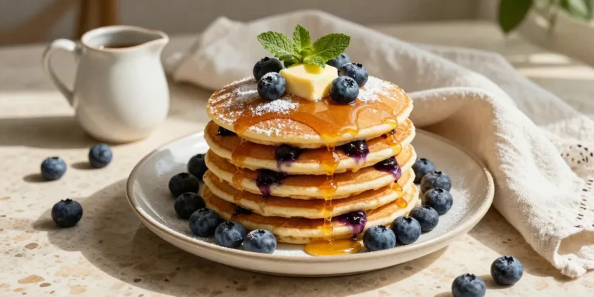 Fluffy homemade blueberry pancakes topped with fresh blueberries, melting butter, and maple syrup in warm morning light.