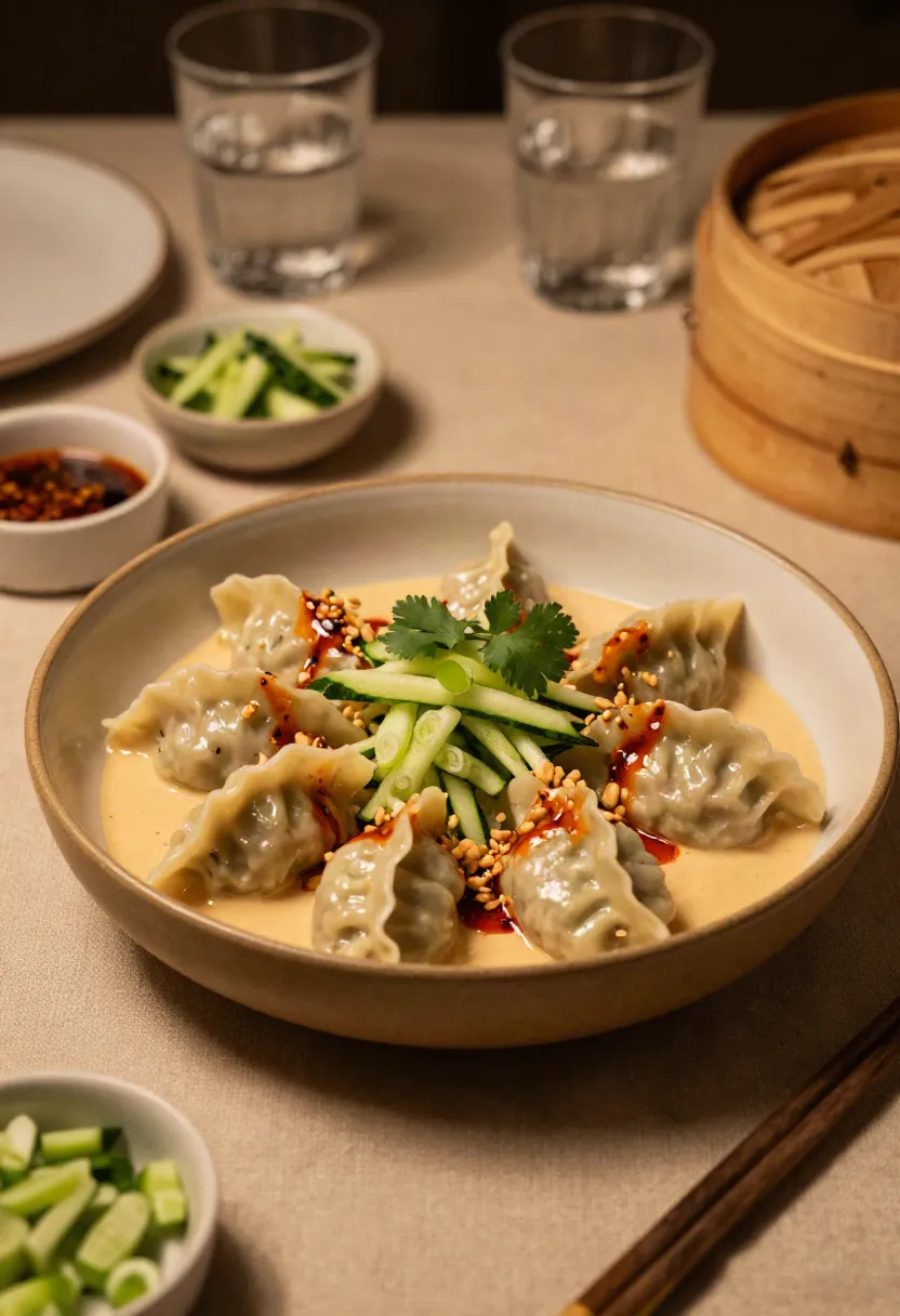 Warm bowl of lamb dumplings with sesame sauce, chilli oil, cucumber, herbs, and crispy peanuts.
