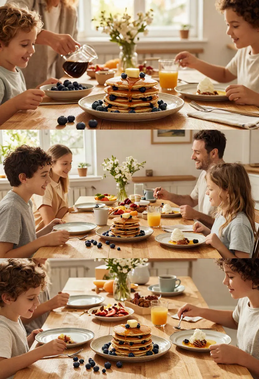Family enjoying fluffy blueberry pancakes together around a warm weekend breakfast table filled with fresh berries and coffee.