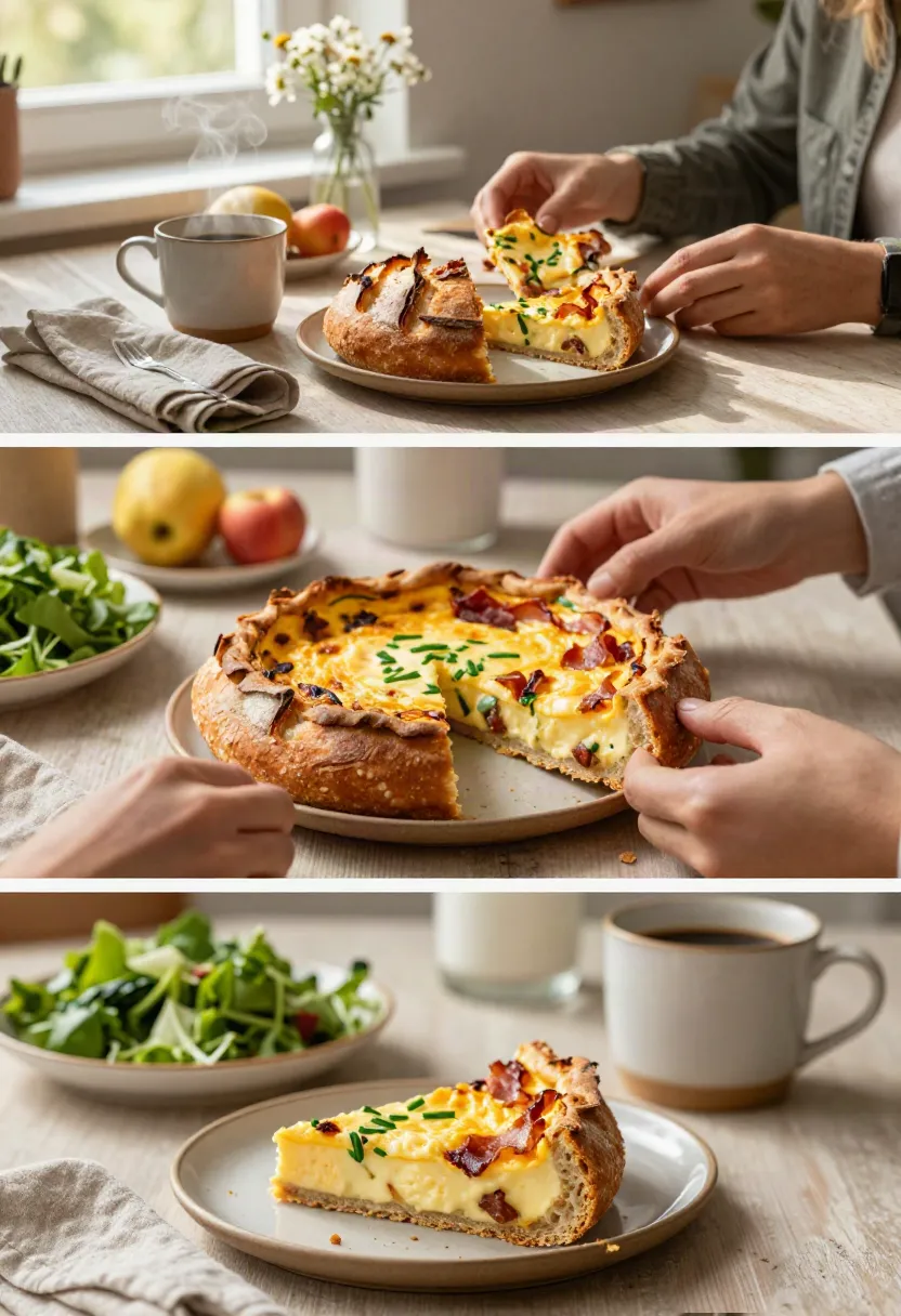 The kind of breakfast people remember: Sourdough breakfast quiche served at a cozy weekend table with coffee and fresh fruit.