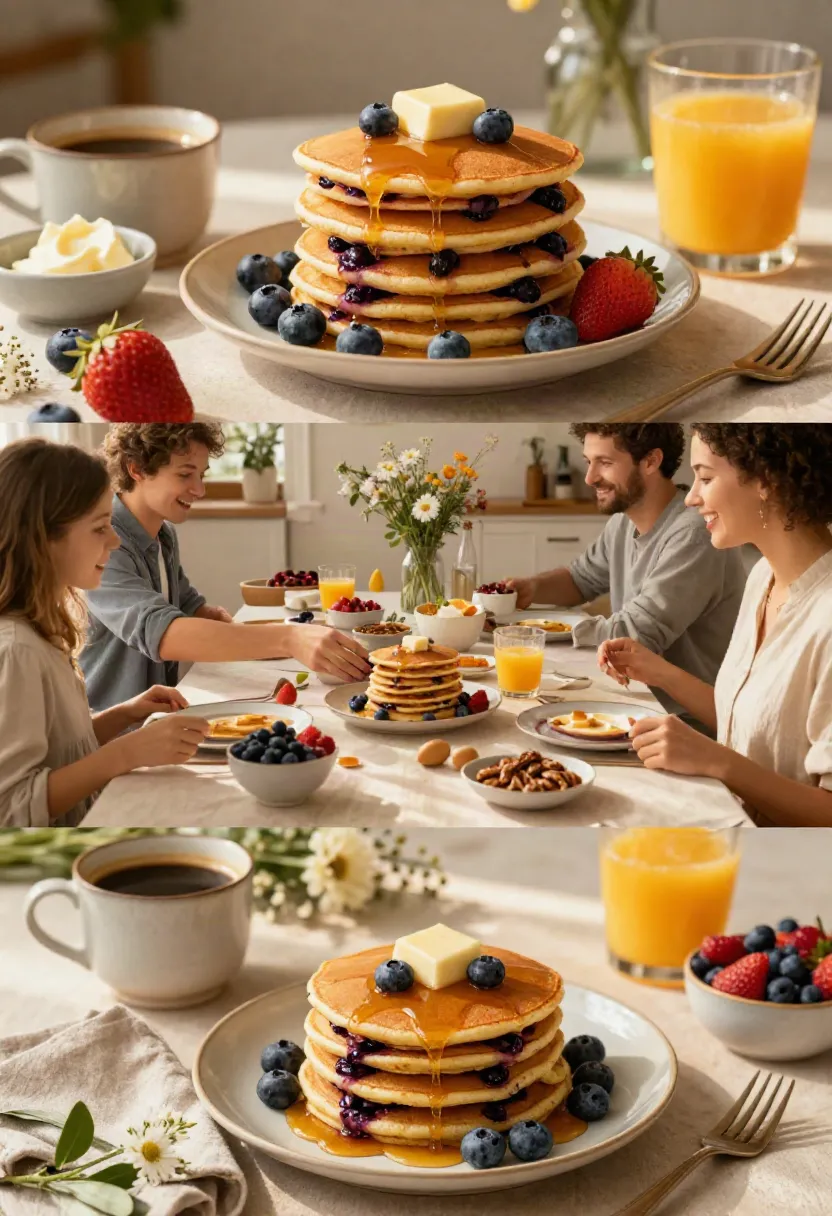 Family-style blueberry pancake breakfast with fluffy berry-filled pancakes served on a cozy weekend brunch table.