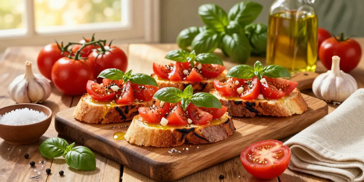 Classic Italian bruschetta topped with fresh tomatoes, basil, garlic, and olive oil on toasted artisan bread.