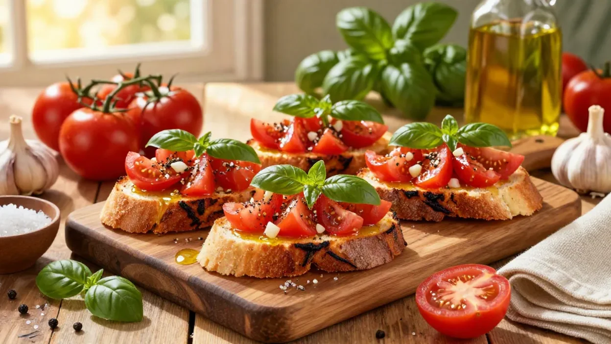 Classic Italian bruschetta topped with fresh tomatoes, basil, garlic, and olive oil on toasted artisan bread.