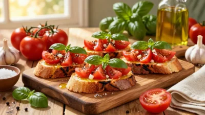 Classic Italian bruschetta topped with fresh tomatoes, basil, garlic, and olive oil on toasted artisan bread.
