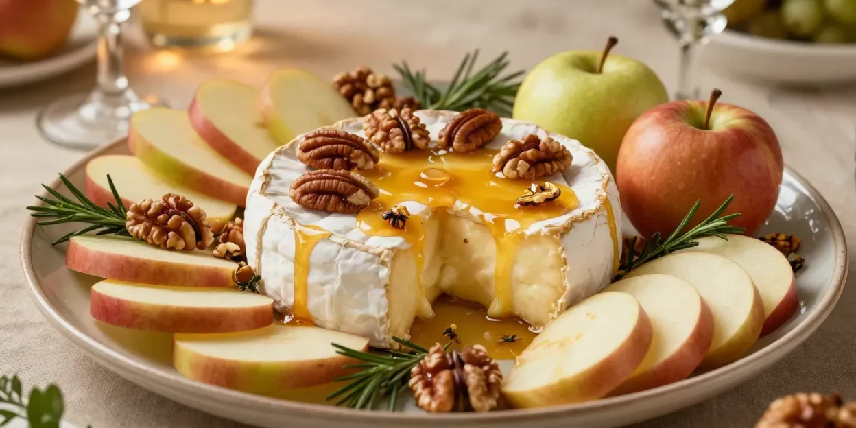 Warm caramel apple baked Brie topped with toasted walnuts and pecans on an elegant serving platter.