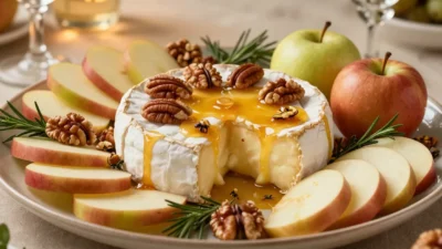 Warm caramel apple baked Brie topped with toasted walnuts and pecans on an elegant serving platter.
