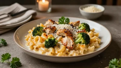 Creamy chicken mac and cheese with broccoli, cauliflower, tender macaroni, and a golden Parmesan topping.