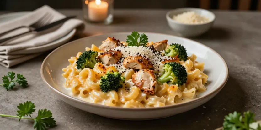 Creamy chicken mac and cheese with broccoli, cauliflower, tender macaroni, and a golden Parmesan topping.