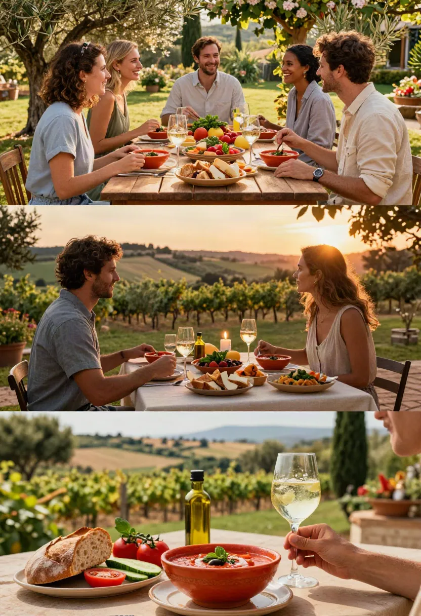 People enjoying authentic gazpacho during relaxed Mediterranean summer lunches, outdoor dinners, and peaceful seasonal gatherings.