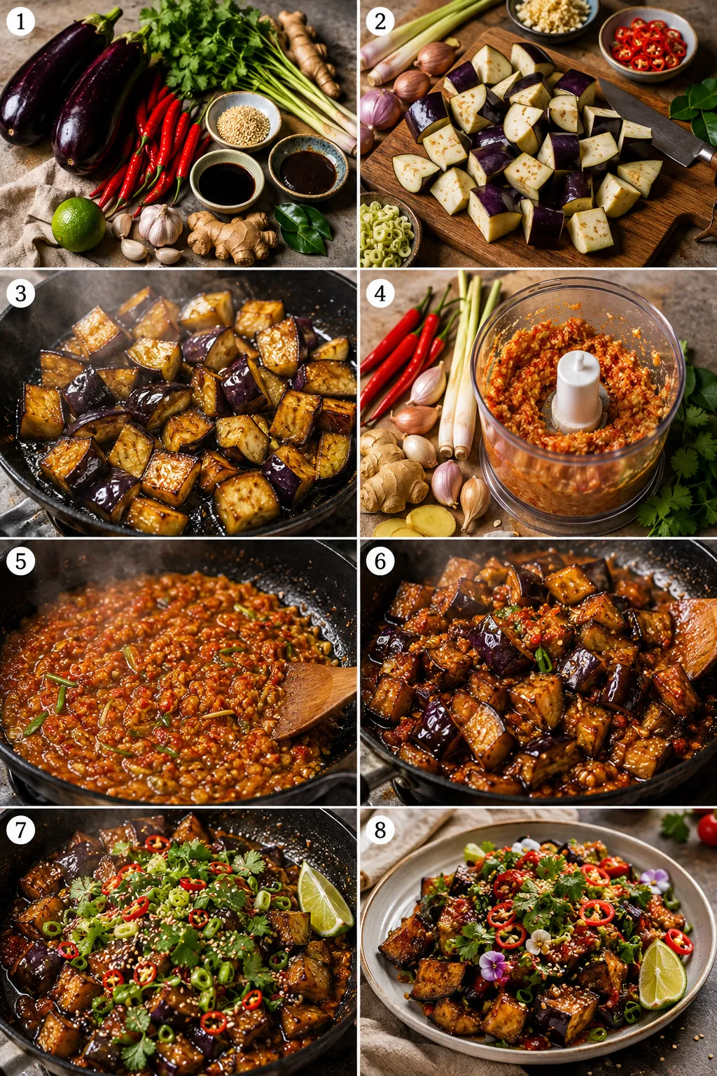 Vertical step-by-step collage showing the complete process of preparing chilli eggplant, from fresh ingredients and caramelizing the eggplant to the glossy sauce and elegant restaurant-style presentation.