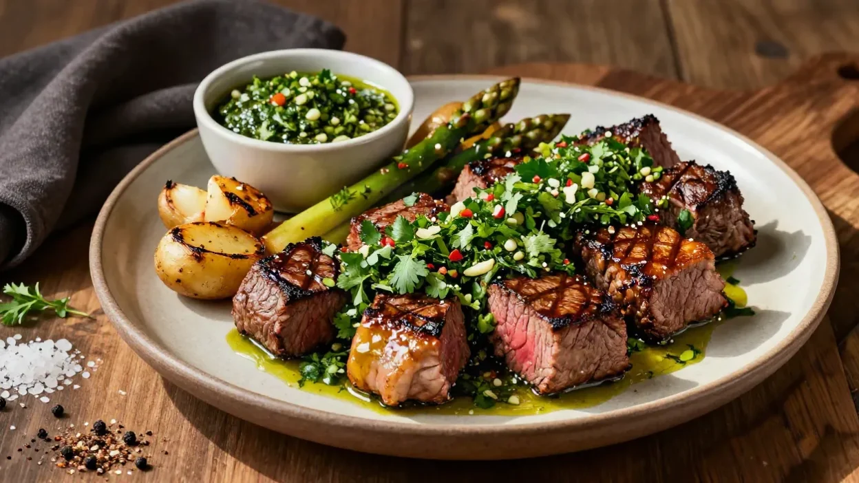 Juicy chimichurri steak bites served with garlic butter, roasted potatoes, and fresh herb sauce.