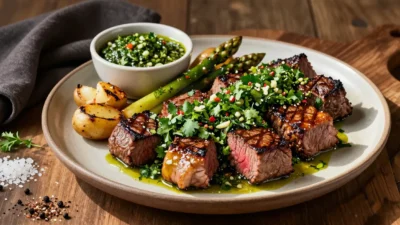 Juicy chimichurri steak bites served with garlic butter, roasted potatoes, and fresh herb sauce.