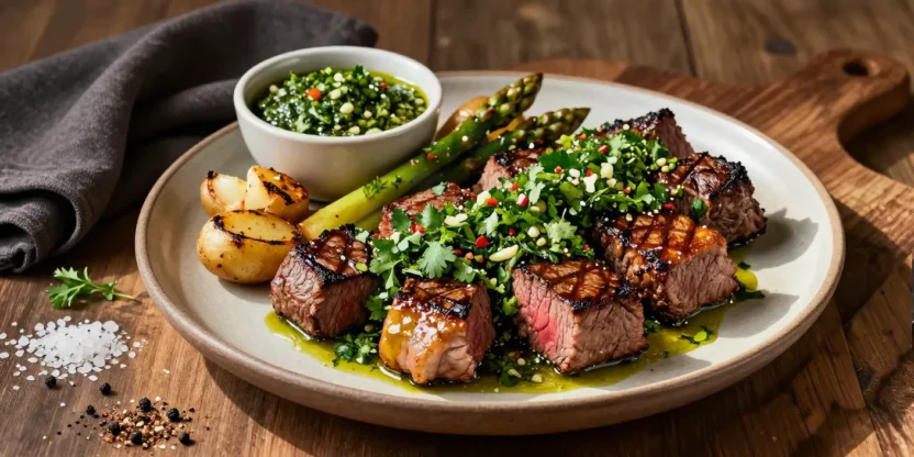 Juicy chimichurri steak bites served with garlic butter, roasted potatoes, and fresh herb sauce.