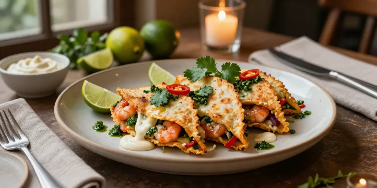 Golden prawn quesadillas with melted cheese, chimichurri, chipotle crema, fresh chilli, and lime on an elegant plate.