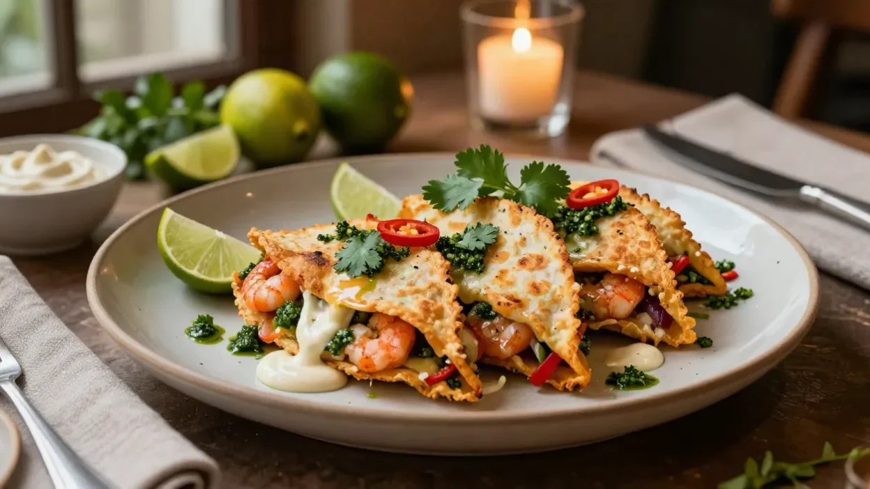 Golden prawn quesadillas with melted cheese, chimichurri, chipotle crema, fresh chilli, and lime on an elegant plate.