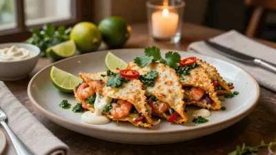 Golden prawn quesadillas with melted cheese, chimichurri, chipotle crema, fresh chilli, and lime on an elegant plate.