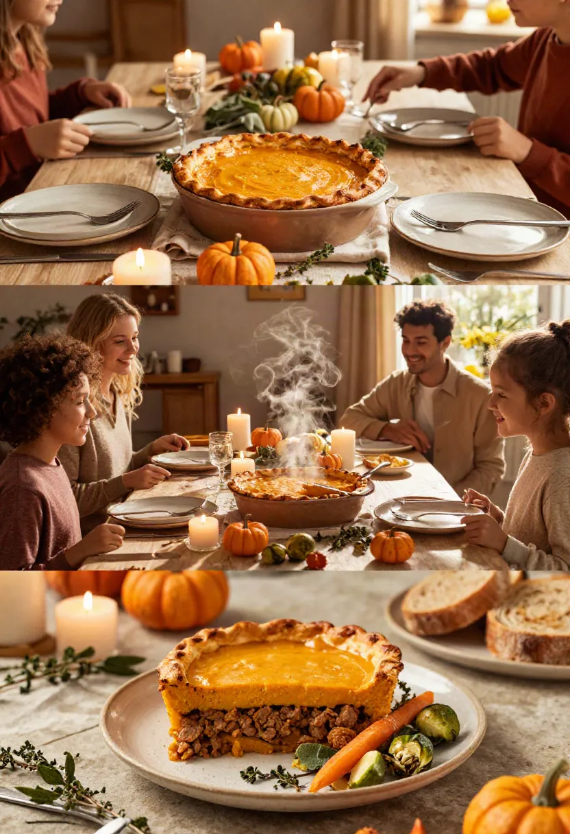 Family Thanksgiving scene: a wooden table with candles, pumpkins, and a large baked pie as friends gather to dine.