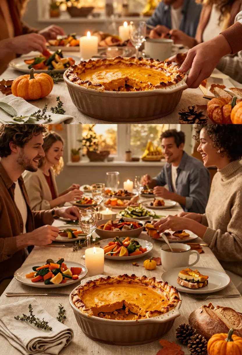 Family enjoying spiced pumpkin shepherd's pie around a cozy autumn dinner table with warm seasonal styling.
