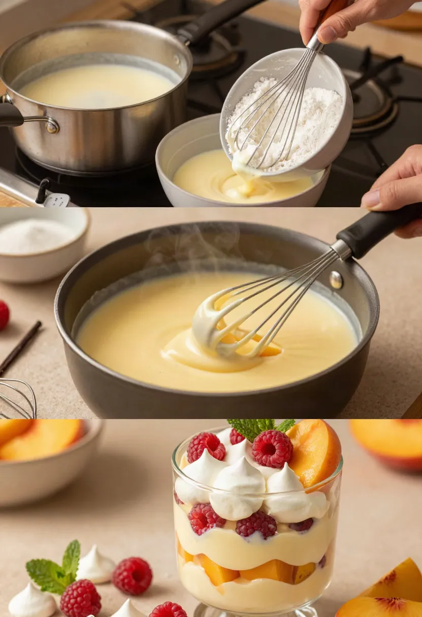 Collage of cooking steps: milk simmering in a pot, flour whisked into a bowl, and a whisk stirring a creamy custard; bottom shows a peach-raspberry dessert in a glass.
