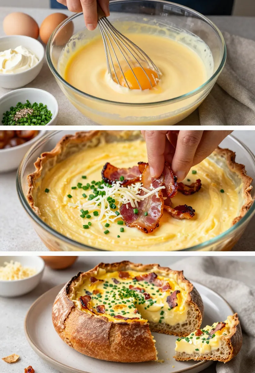 The creamy filling is where the comfort begins: Creamy sourdough quiche filled with Gruyère, fresh chives, and caramelized bacon.