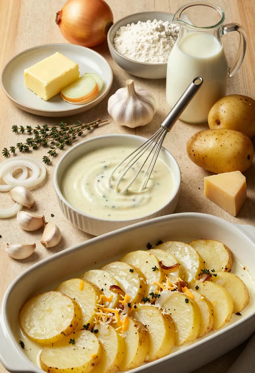 Creamy garlic sauce: Butter, onion, garlic, thyme, milk, and stock prepared for creamy scalloped potato sauce.