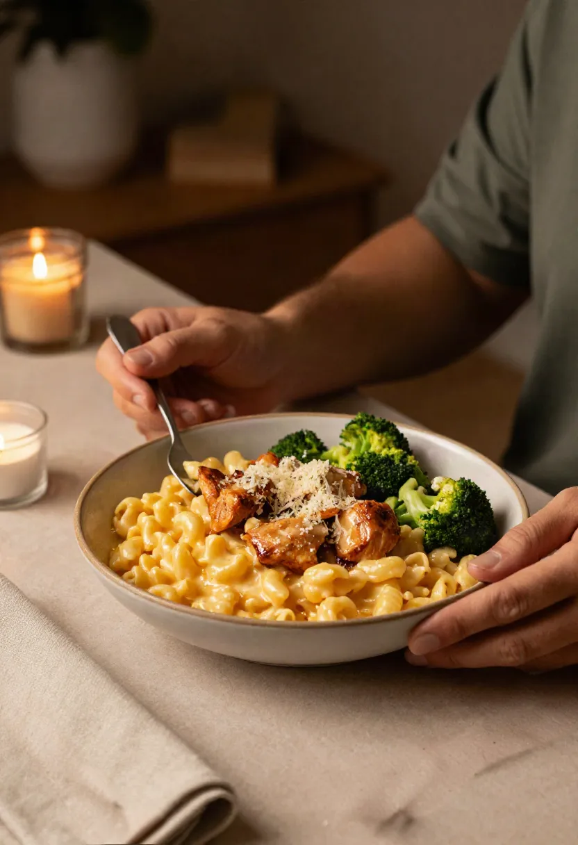 Bowl of creamy macaroni and cheese with roasted chicken pieces and broccoli florets on a dining table.