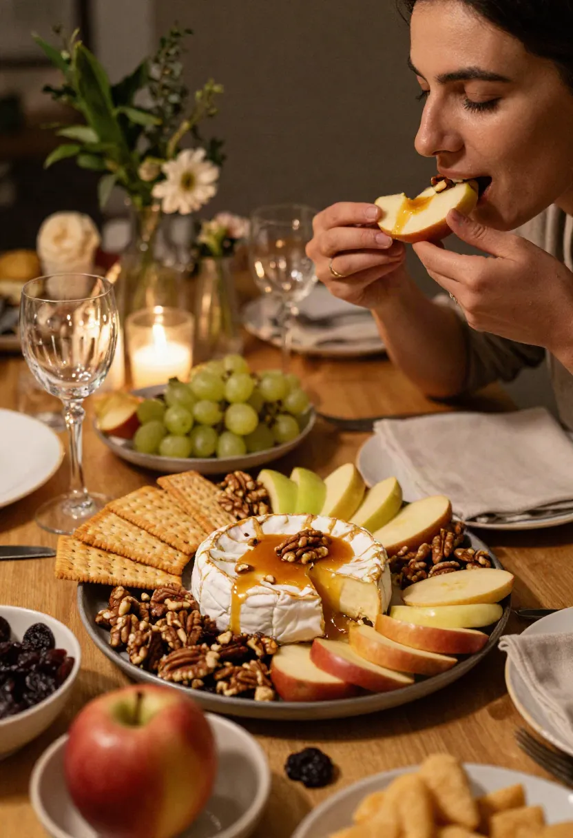 Person enjoying warm caramel apple baked Brie with crisp apple, melted cheese, caramel, and toasted nuts at a festive table.