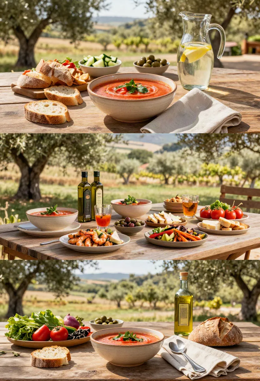A three-frame collage of authentic gazpacho served during relaxed Mediterranean summer lunches with fresh bread, colorful toppings, and outdoor dining.