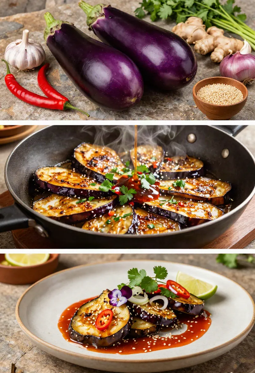 Three-step collage showing fresh ingredients, caramelized eggplant cooking in chili sauce, and an elegant restaurant-style serving of chilli eggplant.
